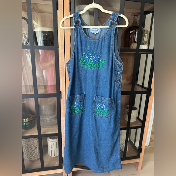 Vintage 90s Casey Coleman Bluebonnet Embroidered Denim Jumper Dress midi overall - Picture 2 of 11